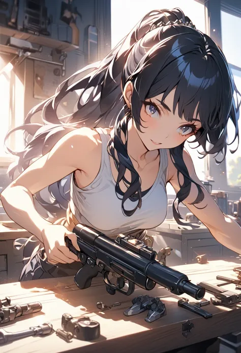 Cher, ponytail, Tank top, Waist clothes, cleaning a ポータル gun at a workbench, Bright morning sun shining through the window (zrpg style) (masterpiece:1.2) (figure:1.2) (Highest quality:1.2) (detailed) (Complex) (8k) (High resolution) (Cinema Lighting) (Shar...