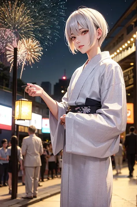 Silver Hair　Short Hair　Handsome　youth　Golden Eyes　　firework　yukata　night