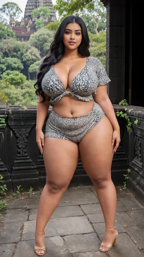 swastika mukharjee Indian beautiful woman curvy plus size hour glass bulky huge figure woman, closeup camera view, big huge m-cup breast, wearing SHEIN VCAY Womens Random Printed Simple Daily Dress Color: Apricot , covered Bust , elegant standing position,...