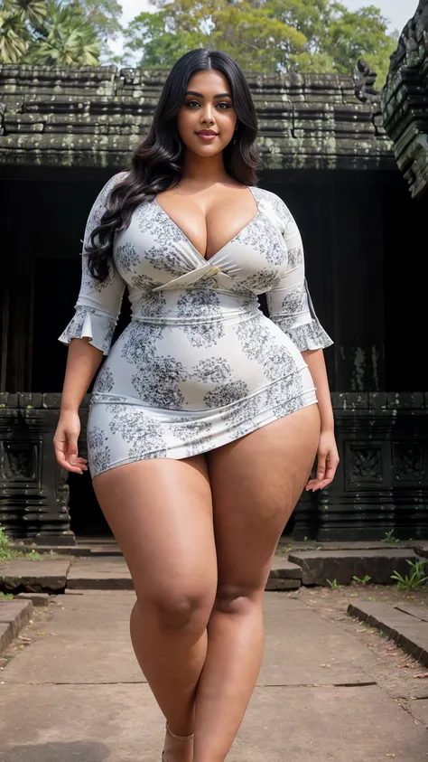 swastika mukharjee Indian beautiful woman curvy plus size hour glass bulky huge figure woman, closeup camera view, big huge m-cup breast, wearing SHEIN VCAY Womens Random Printed Simple Daily Dress Color: Apricot , covered Bust , elegant standing position,...