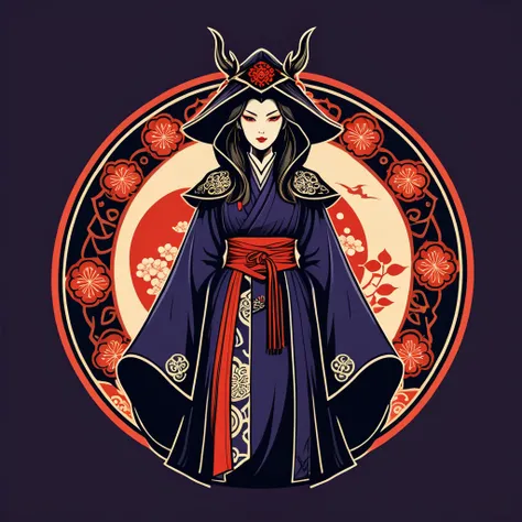 female	warlock	in japanese folk outfit	,vector graphics, strong contours, logo design																						