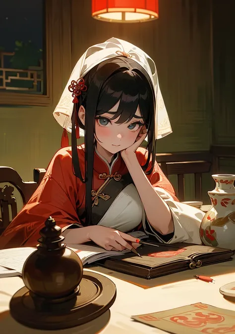 A photo of a beautiful girl in a traditional Chinese dress looking at an old Chinese book under a lamp on a low table in a garden surrounded by old walls on a quiet night,((His right holds a pen and his left hand places it on the table.)),((masterpiece)),r...