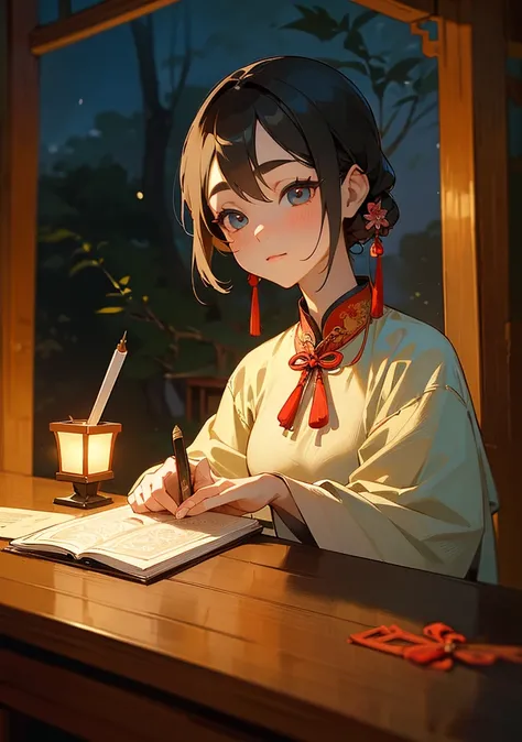 A photo of a beautiful girl in a traditional Chinese dress looking at an old Chinese book under a lamp on a low table in a garden surrounded by old walls on a quiet night,((His right holds a pen and his left hand places it on the table.)),((masterpiece)),r...