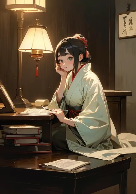 A photo of a beautiful girl in a traditional Japanese dress looking at an old Japanese book under a lamp on a low table in a garden surrounded by old walls on a quiet night,((His right holds a pen and his left hand places it on the table.)),((masterpiece))...