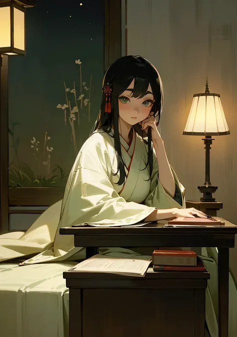 A photo of a beautiful girl in a traditional Japanese dress looking at an old Japanese book under a lamp on a low table in a garden surrounded by old walls on a quiet night,((His right holds a pen and his left hand places it on the table.)),((masterpiece))...