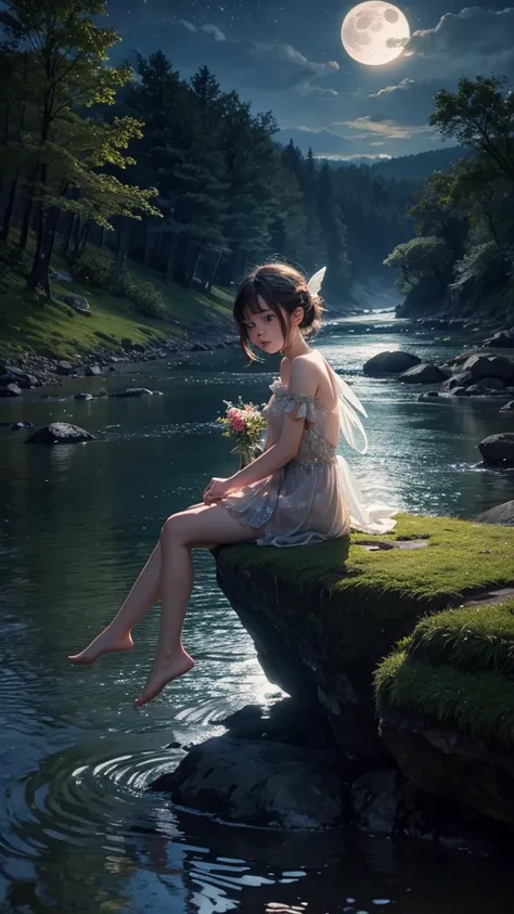 Little sad fairy sitting on a rock by a river lit by the full moon at night