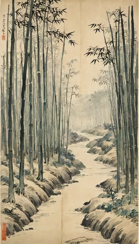 katsushika hokusai、vague、mont、forest、bamboo forest、road、people passing by々、ink and watercolor、light tones、large brush letters、ch...