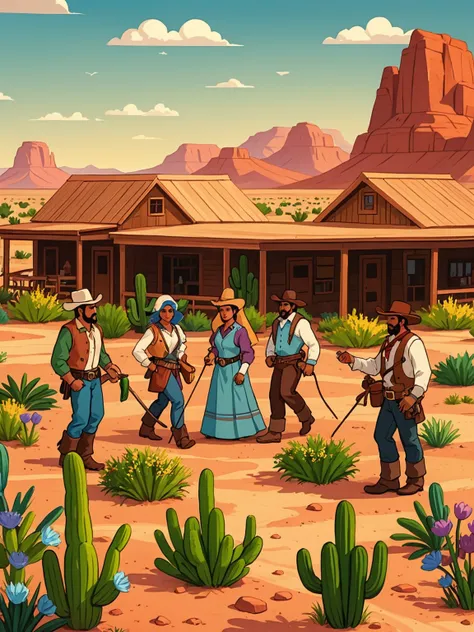 A picturesque role-playing scene，The majestic wild landscape of Arizona is in the background。Let&#39;s imagine，The endless desert plains are bathed in the warm golden light of the setting sun，Cacti dot the horizon。A group of people from different origins，M...