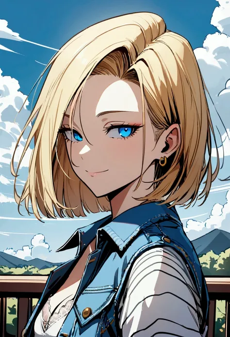 One girl, alone, Android 18, Blonde, blue eyes, short hair, jewelry, Earrings, smile, Jacket, Look to the side, denim, denim Jacket, Upper Body, lingerie, Mouth closed, cloud, null, Day, avert your eyes, blue null, 1 collarb,