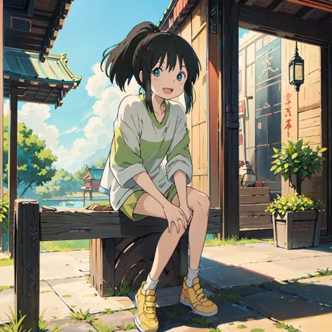 (masterpiece:1.4), (best qualit:1.4), (high resolution:1.4), ogino chihiro, ponytail, long arm shirt, shorts, yellow shoes, outdoors, east asian architecture, smile, ;D ,colorful, high contrast 