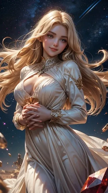 A pure and beautiful girl, Cupid, Facing directly at the viewer, Body facing the viewer, A kind smile, Big eyes, blonde, Hide your chest, A neat dress with loose sleeves, A god with many shining stars々New Background, Prayer-like pose, Realistic,Holding a r...