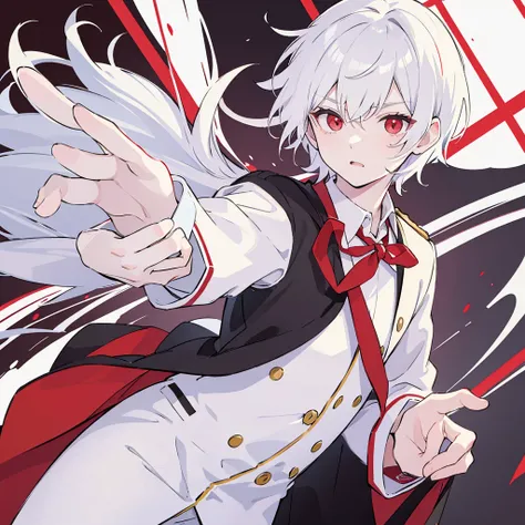 A solo cat boy, With white hair, red eyes, , wearing jacket, bust up!!!!!!!!!,cute boy in school, memegang permen