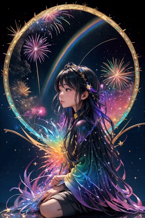 The world we see、Iridescent幻想的なNight Sky、constellation,Mysterious Landscape、firework、firework大会、Iridescentfireworkが打ちあがっている瞬間、夜nullとともに、幻想的な海景色で壮大なfirework、future都市、Highest quality、masterpiece, (Diffuse reflection of light:1.2), When the fantastic rainbow ...