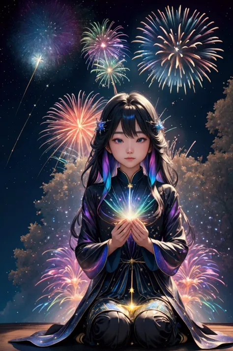 The world we see、Iridescent幻想的なNight Sky、constellation,Mysterious Landscape、firework、firework大会、Iridescentfireworkが打ちあがっている瞬間、夜nullとともに、幻想的な海景色で壮大なfirework、future都市、Highest quality、masterpiece, (Diffuse reflection of light:1.2), When the fantastic rainbow ...