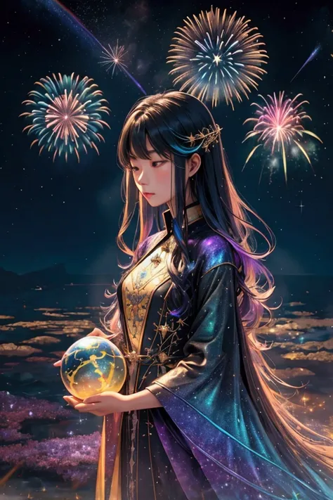 The world we see、Iridescent幻想的なNight Sky、constellation,Mysterious Landscape、firework、firework大会、Iridescentfireworkが打ちあがっている瞬間、夜nullとともに、幻想的な海景色で壮大なfirework、future都市、Highest quality、masterpiece, (Diffuse reflection of light:1.2), When the fantastic rainbow ...