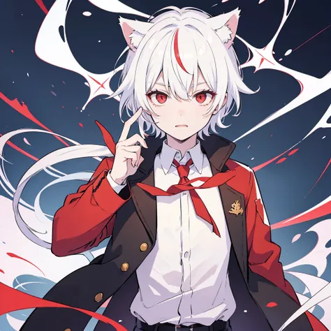 A solo cat boy, With white hair, red eyes, , wearing jacket, bust up!!!!!!!!!,cute boy in school, memegang permen