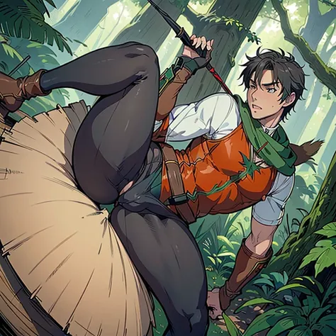 ((Naughty and adventurous  Robin hood wearing lewd erotic clothes and tight leggings showing his dick bulge line)),  ((dick inside spandex leggings )), gangbang, (robin hood inspired setting), NSFW, hentai, porn, ((inspired by Robin Hood: Men in Tights mov...