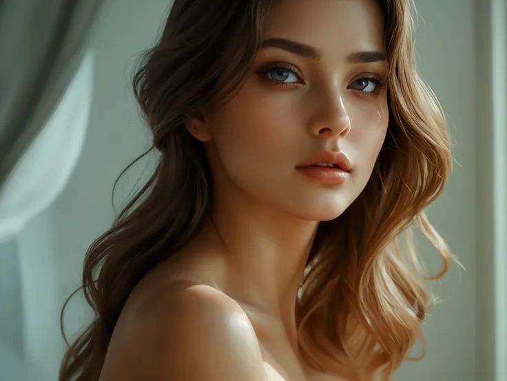 a sexy nude woman, flawless smooth skin, beautiful detailed eyes, beautiful detailed lips, extremely detailed face and body, long eyelashes, sensual expression, elegant pose, natural lighting, cinematic, high quality, hyper detailed, photorealistic, oil pa...