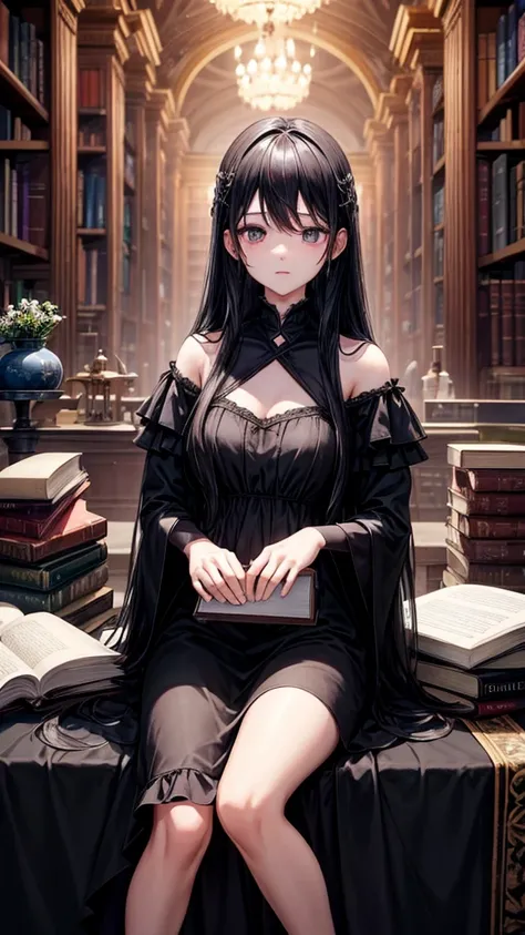 Black Hair、long hair、black eye、Black Dress、Books piled high、Luxurious library、Watching the audience、Only one person、masterpiece、Highest quality、4K、