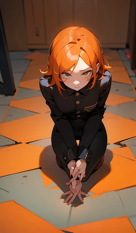 orange hair, on all fours, butt facing the viewer, hands handcuffed behind back, man&#39;s genitals being forced into girl&#39;s...