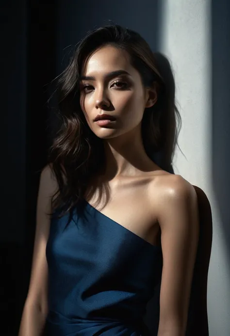 woman bathed in soft light, leaning against a wall, looking into the camera in a moment of raw emotion. Her attire is minimal, accentuating her beauty with the dramatic shadows cast by the lighting. The background is stark, with sharp contrasts highlightin...