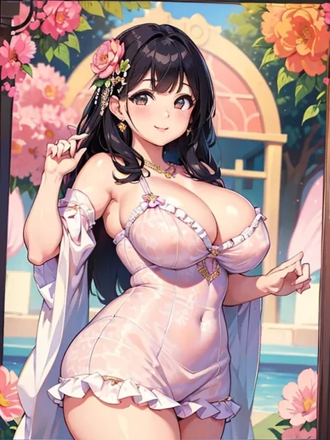 A beautiful and hot almost chubby mature woman.who is wearing a patterned short dress and is and standing in the resort. A smiling face、Sexy woman、A radiant smile、adorable、race、Frills、Colorful design、Full-length mirror、An inviting gaze、Gorgeous long and be...