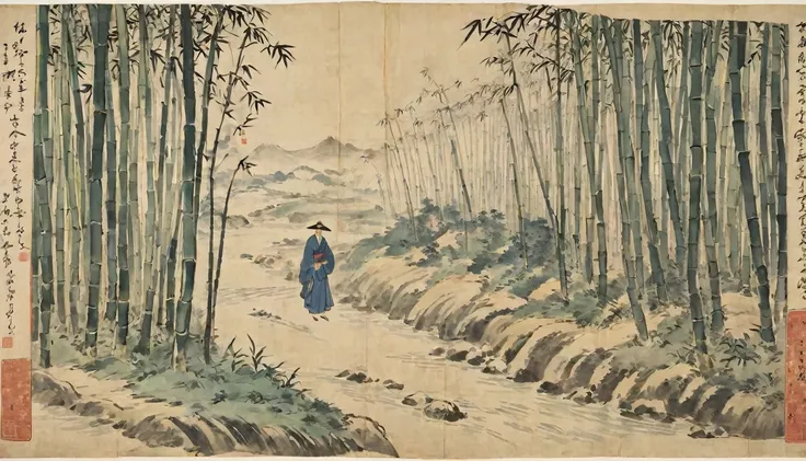 Katsushika Hokusai、vague、Mont、forest、bamboo forest、road、roadに咲く花、People passing by々、Ink and watercolor、Light tones、Large brush letters、Chinese Text、Ink Painting、書road,、Chinese character、Fading of Japanese paper、Washi paper folds