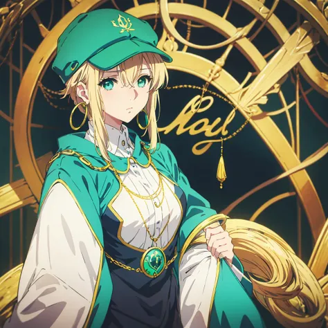 violet evergarden masterpiece, best quality, 1girl, aqua eyes, baseball cap, blonde hair, closed mouth, earrings, green background, hat, hoop earrings, jewelry, looking at viewer, shirt, short hair, simple background, solo, upper body, yellow shirt