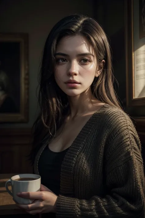 a woman holding a cup and a mug of coffee in her hand, simulacra, looks like fabiula nascimento, seu madruga, by Silvia Pelissero, xsullo, fernanda suarez, mateus 9 5, surreale, victoria siemer, oil painting, detailed realistic portraiture, dramatic lighti...