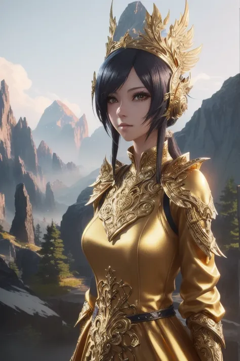 a close up of a woman in a gold dress standing in front of a mountain, unreal engine render + a goddess, ultra detailed game art, intricate ornate anime cgi style, 8k high quality detailed art, detailed digital anime art, fantasy style 8 k octane render, 2...