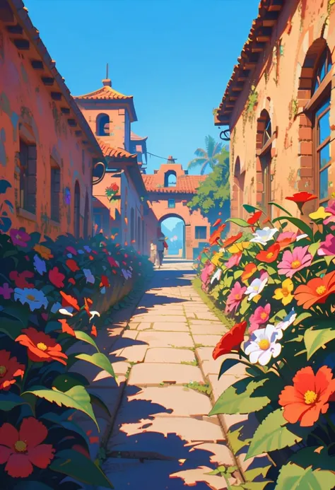 style 9,a large Mexican Hacienda full of flowers , c9n bricks  