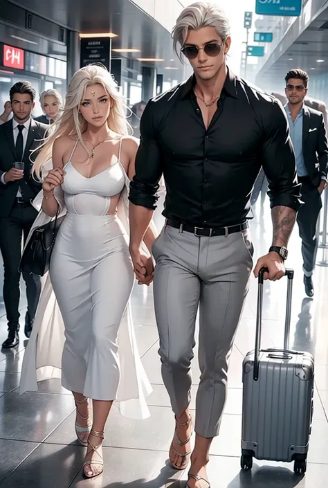 A tall, handsome, statuesque, masculine, adult man is platinum blond, he is wearing fashionable cropped light gray trousers, a light blue polo shirt, white low mens sneakers, long straight platinum hair, blue eyes, long bangs, holds a large suitcase on whe...