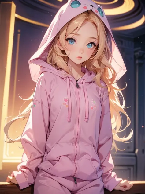 adult  woman, Age 22; long hair, pretty and pink, curly hair; light yellow eyes, angelic and beautiful face with flushed cheeks, rosto ultra detaild; (( wearing cute hooded kigurumi pajamas )); best qualityer, ultra detaild, best resolution, 4K, soft strok...