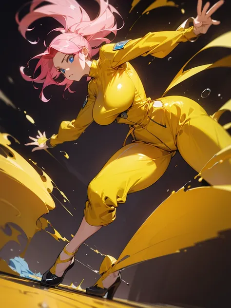 a mature woman , hero pose, big pink hair, shining blue eyes, wearing a mustard yellow jumpsuit. hero pose, big breasts35 years ...