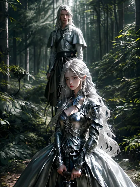 1boy, determined, focused, forest, 1girl, cold eyes, beautiful, silver hair, long silver hair, holding a sword, sad, determined, A man with a sword falls to his knees, defeated, as a woman in dark clothes stands above him, holding a glowing sword. The man ...