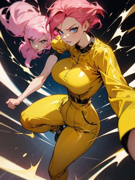 a mature woman vs evil ciborgue, fight pose, big pink hair, shining blue eyes, wearing a mustard yellow jumpsuit, big breasts, 3...