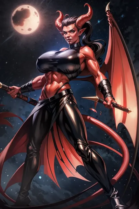 Red skin succubus tiefling, digitigrade legs, full breasts, medium breasts, black horns, wings, huge tail, black leather, crop top, long flowing pelvic curtain, tall, toned, graceful, thin, long black ponytail. Action scene, whip. Dark scene, explosions, n...