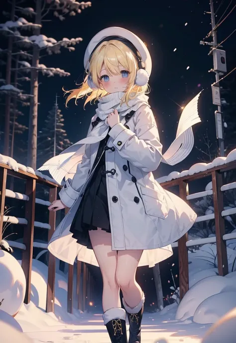 Eliase, catalyst, Yellow Hair, blue eyes, Long Hair,Knitted hat,Earmuffs,blush,Open your mouth,White Breath,White scarf,Light blue long coat,White long skirt,Black pantyhose,short boots,Walking,snowが降っている,snowが積もっている,snow,snow,snow,night,whole bodyがイラストに入る...