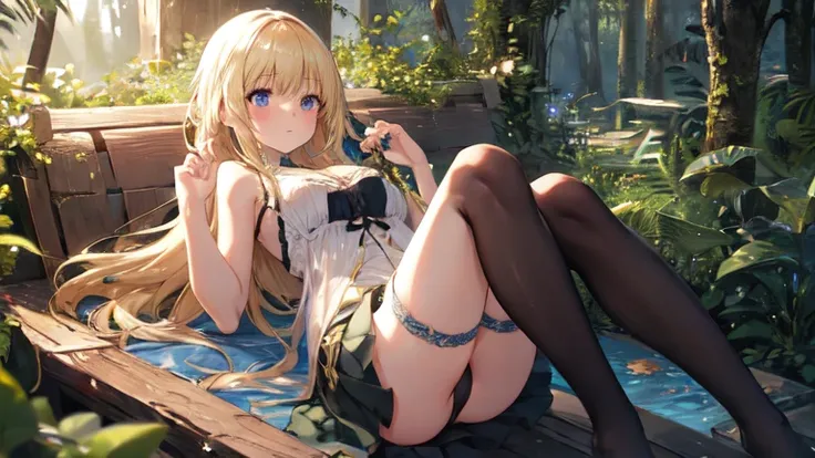 super high quality, Super detailed, Ultra-clear, forest, one person, long blonde hair, sleep, Swimsuit, Clothes with intricate details, mini skirt, Stockings, tights