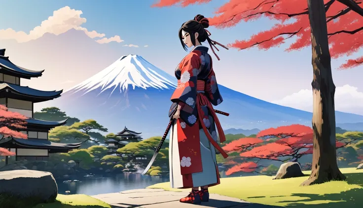 Female samurai,Japanese Gardens,Fuji Mountain、Japanese anime style