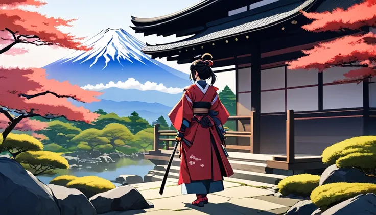 Female samurai,Japanese Gardens,Fuji Mountain、Japanese anime style