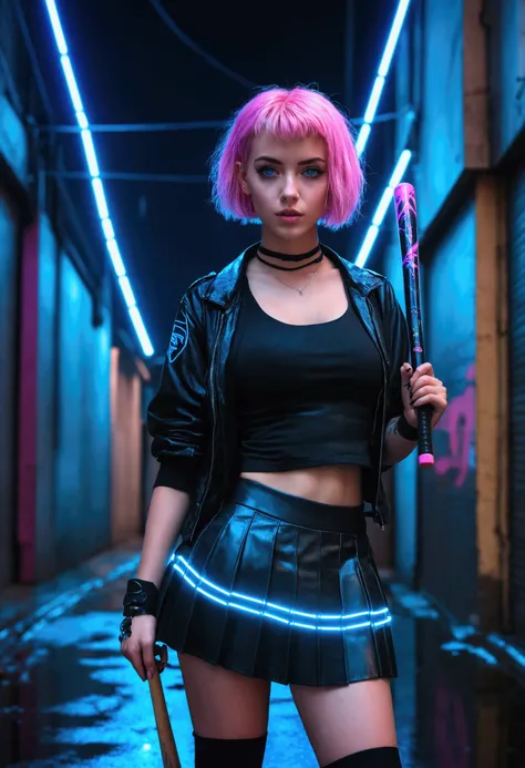 A full view portrait of a Pretty girl with short pink hair and blue eyes with achne on her chics wearing cyberpunk outfit and a short ((black skirt)) with blue lines on it standing at a alley with neon lights at rainy night  in the cyber modern city holdin...