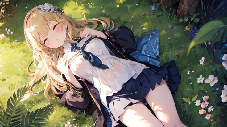 super high quality, Super detailed, Ultra-clear, forest, one person, long blonde hair, sleep, Swimsuit, Clothes with intricate details, mini skirt, Stockings