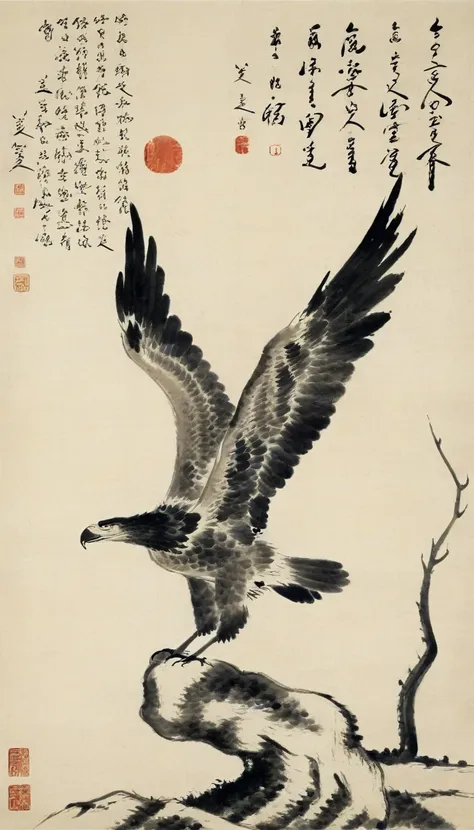 chinese landscape painting,high resolution,no humans,eagle with spread wings,the art of chinese calligraphy,asian artwork,tradit...