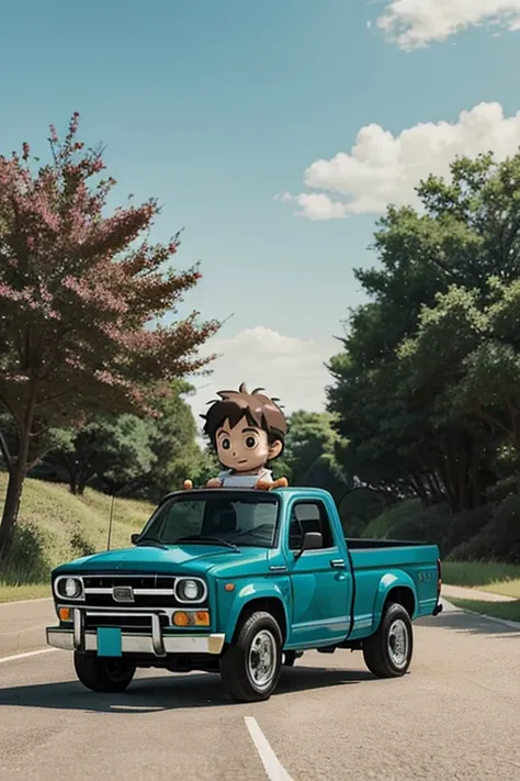 Happy little boy driving anime in the back art of a pickup truck. Minimalist art inspired by Studio Ghiblis visual style