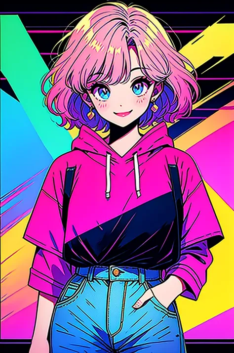 highest quality,smile,girl,cute,short bob hair,pink hair,light blue eyes,hoodie,short jeans,