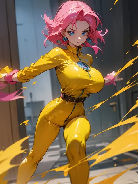 Mulher madura fugindo de um robô,  big pink hair, shining blue eyes, wearing a mustard yellow jumpsuit, big breasts, 35 years old, running away, eye on the spectator, look at the camera, posing for a fight intricate, o fundo é um corredor escuro,  punhos f...