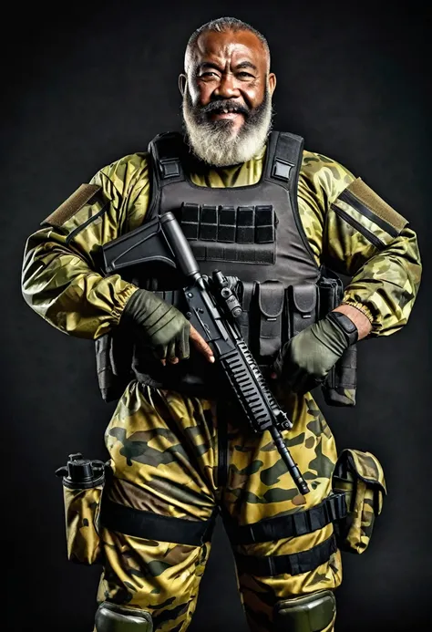 (a dark-skinned fat muscular bearded old man in a bulky camouflage hazmat suit) carrying a gun holster at his left hip, muscular, Basuki Abdullah, sumatraism, action, a character portrait, heroic, fierce, snarling, best quality, thumbs up pose