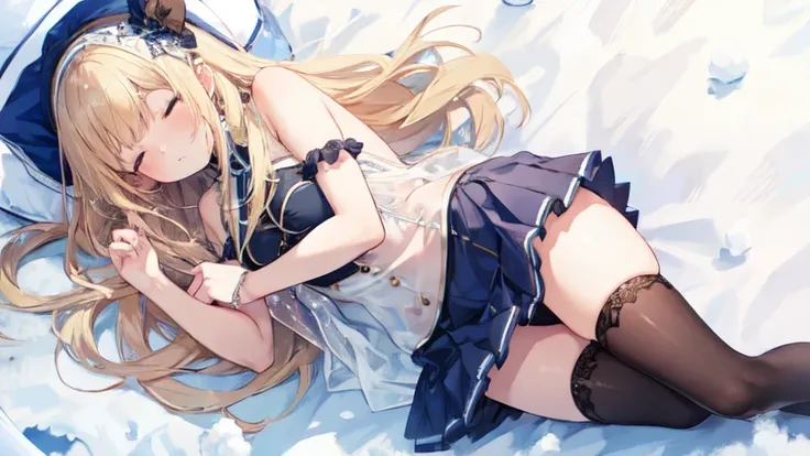 super high quality, Super detailed, Ultra-clear, In the Snow, one person, long blonde hair, sleep, Swimsuit, Clothes with intricate details, mini skirt, Stockings