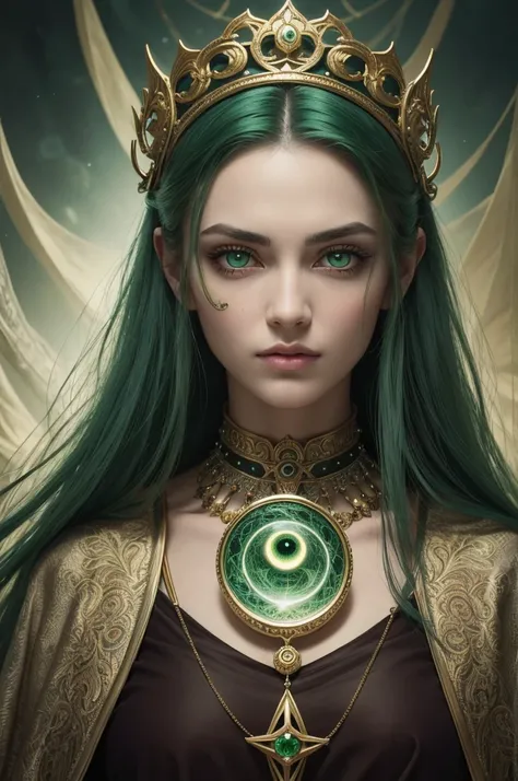 Create an ultra-detailed, high-quality work of art, presenting a tarot reader with striking and captivating characteristics. The face must be meticulously detailed, with big, intense green eyes, conveying depth and a penetrating gaze.